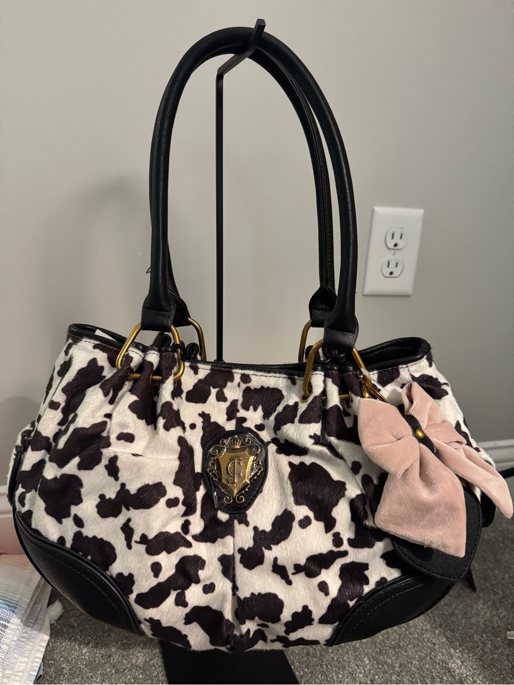 Juicy couture hobo romance Cow Print Handbag with Black Trim and Pink Bow